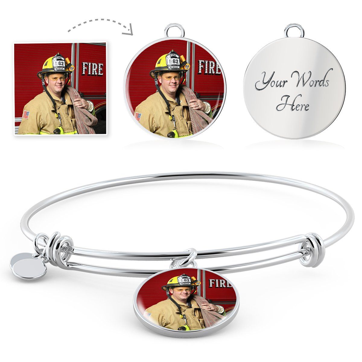 Firefighter Personalized Photo Circle Bangle Bracelet - Heroic Defender