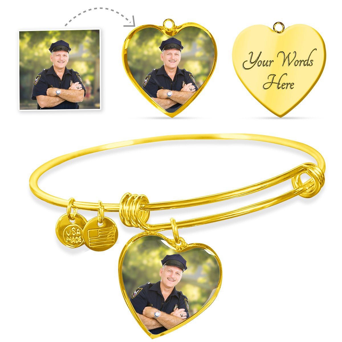 Law Enforcement Personalized Photo Heart Bangle Bracelet - Heroic Defender