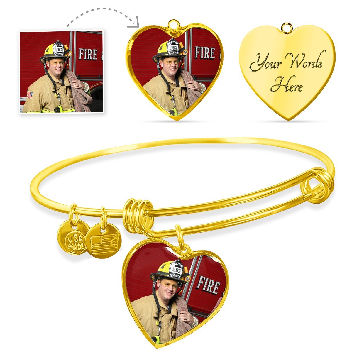 Firefighter Personalized Photo Heart Bangle Bracelet - Heroic Defender