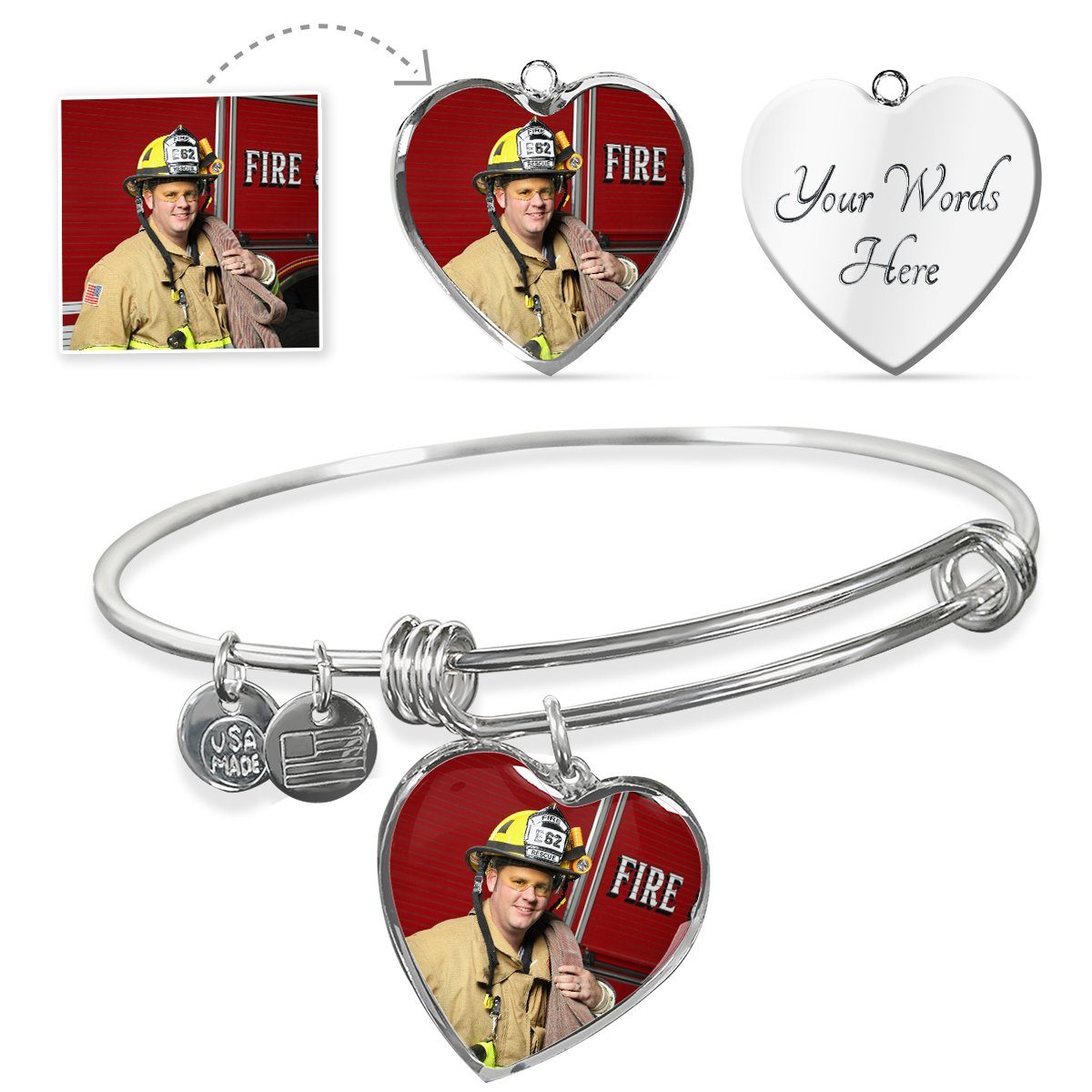 Firefighter Personalized Photo Heart Bangle Bracelet - Heroic Defender