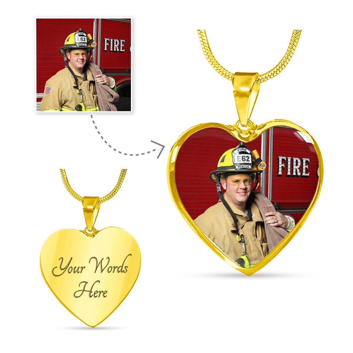 Firefighter Personalized Photo Heart Necklace - Heroic Defender