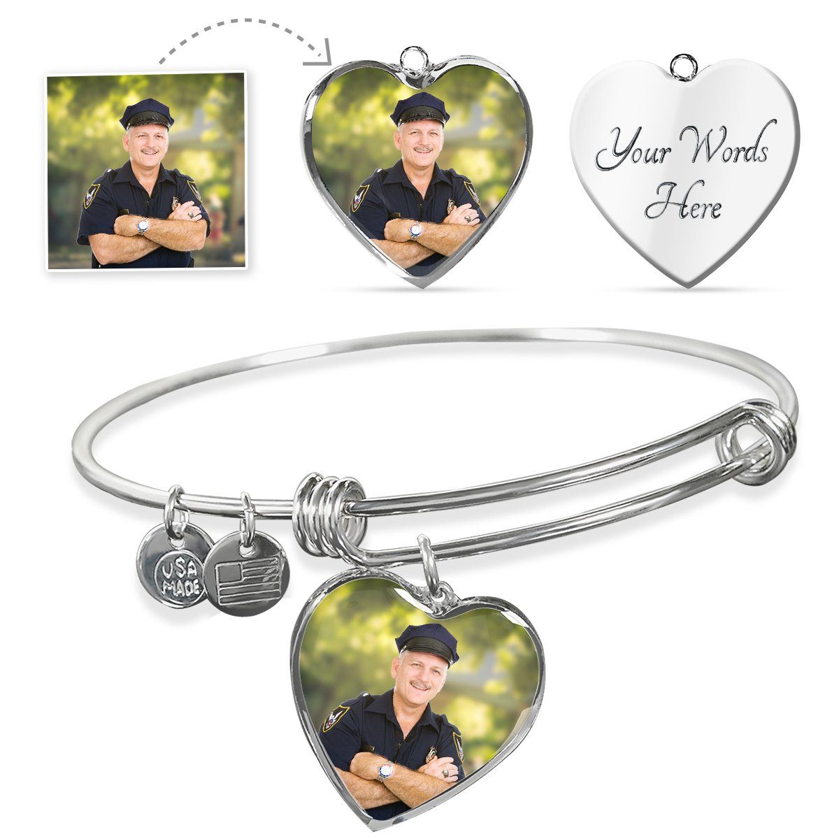 Law Enforcement Personalized Photo Heart Bangle Bracelet - Heroic Defender