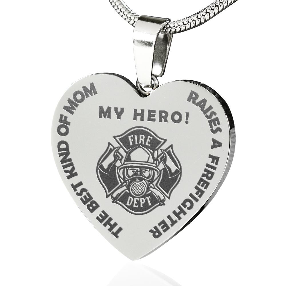 The Best Mom Raises a Firefighter Engraved Necklace | Heroic Defender