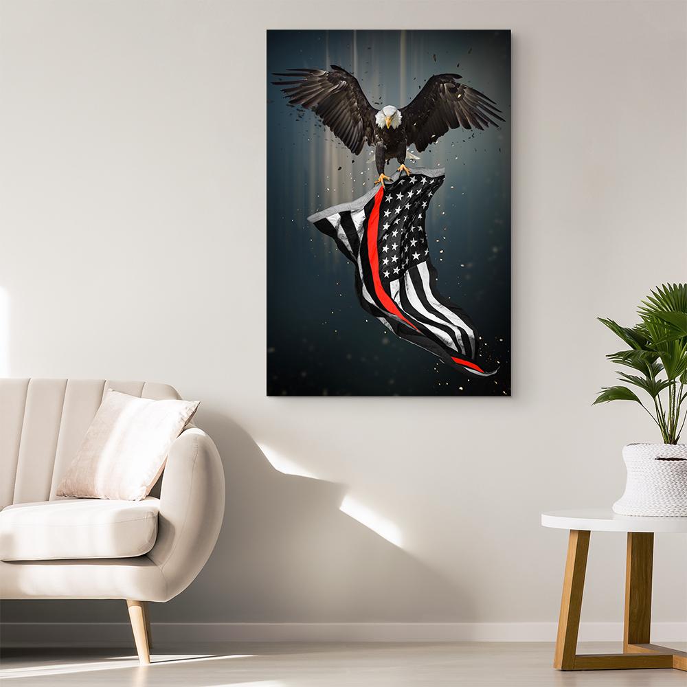 Thin Red Line Eagle & American Flag Canvas Wall Art | Heroic Defender